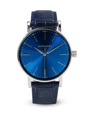 LONGVADON Men's Blue Sunburst Dial Leather Strap Watch